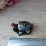 Miniature box in the shape of turtle cloisonné email on wooden base