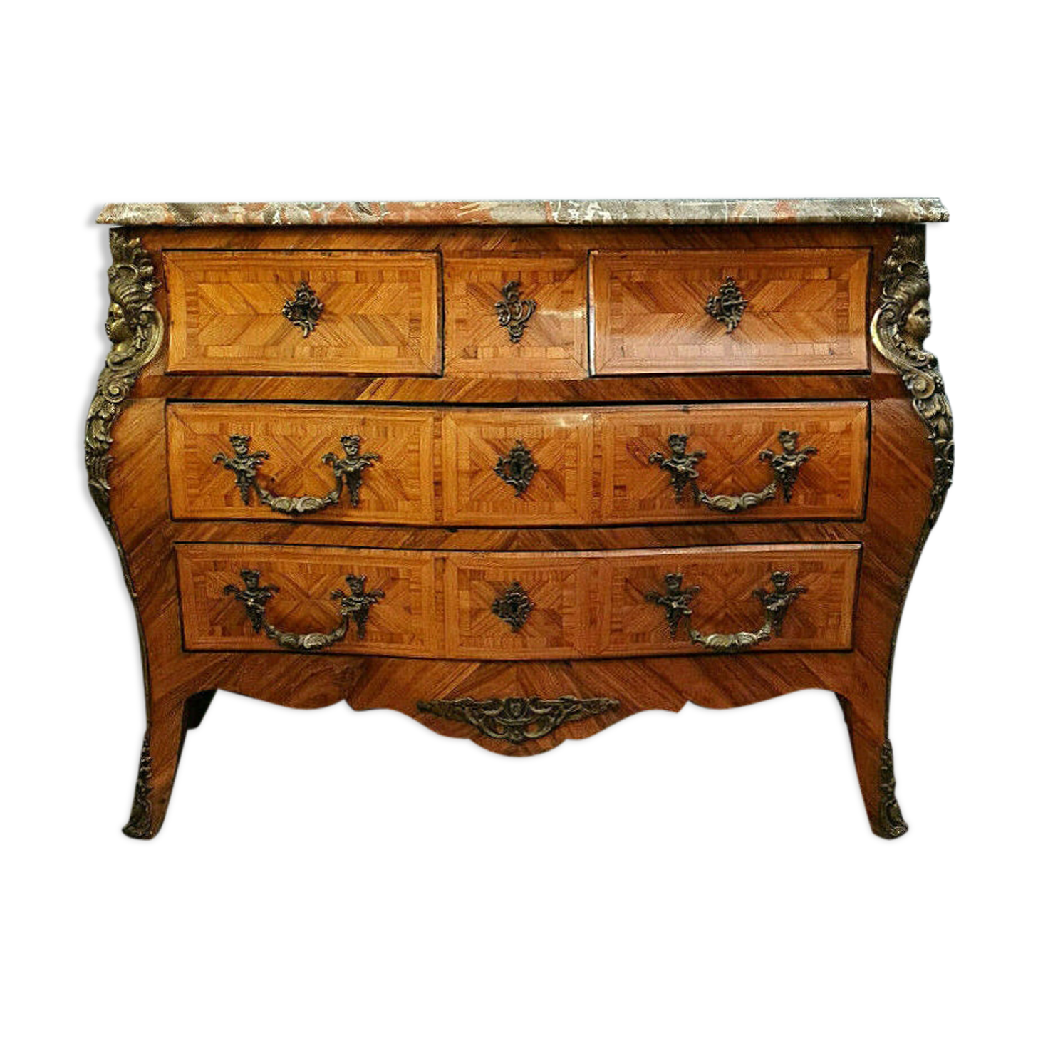 Commode Louis XV galbée a décors aux espagnolettes vers 1850-1880