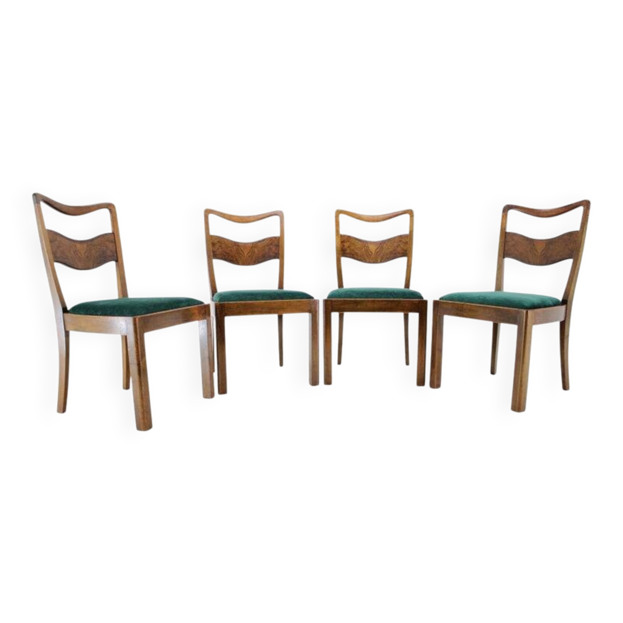 Set of 4 Czech Art Deco Walnut Dining Chairs in Green Velvet, 1930s