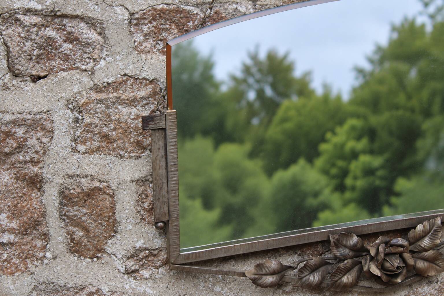 Antique Art Deco metal mirror with rose decoration – vintage wall mirror ann