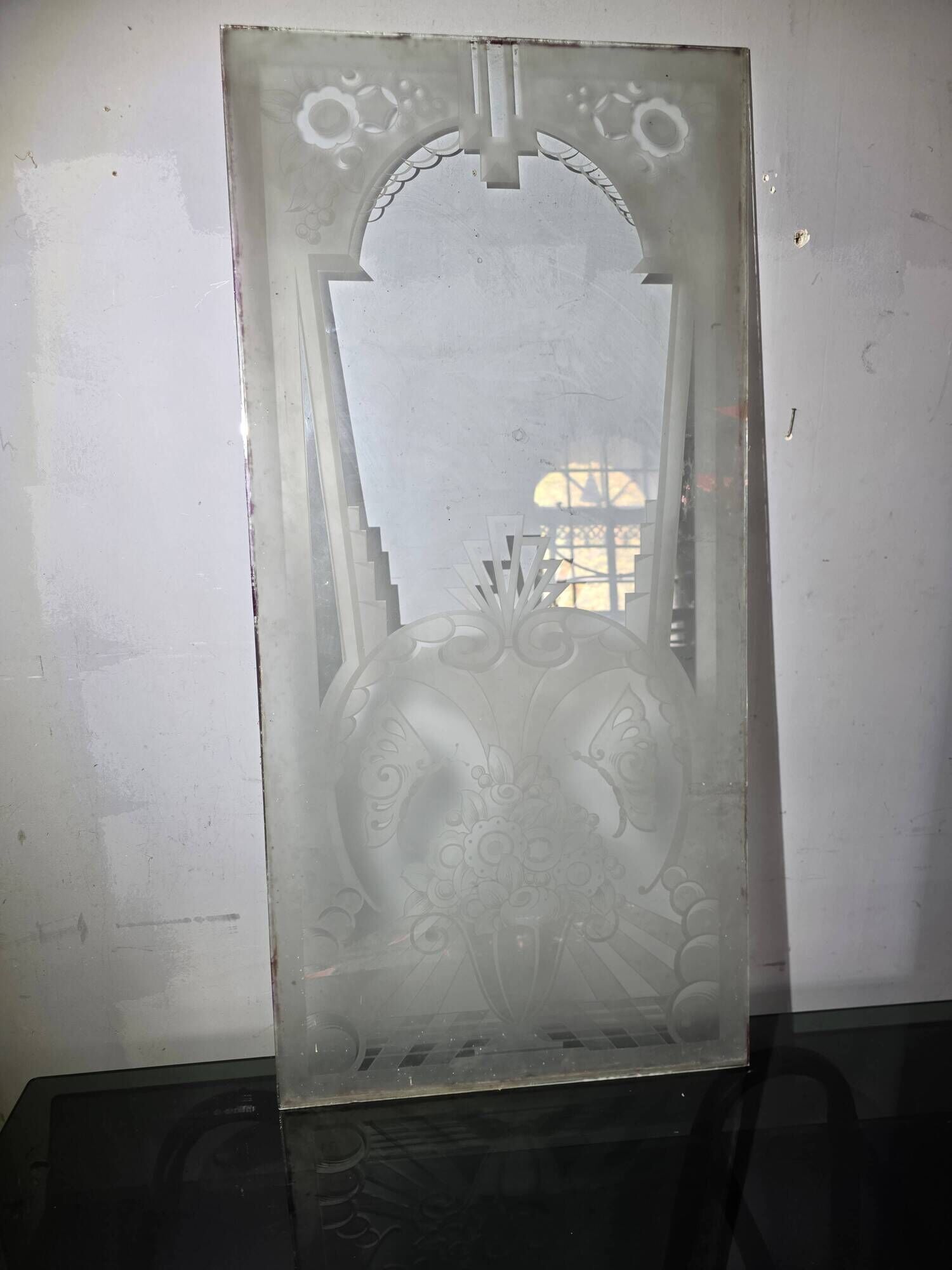Art Deco engraved glass door panel 1930