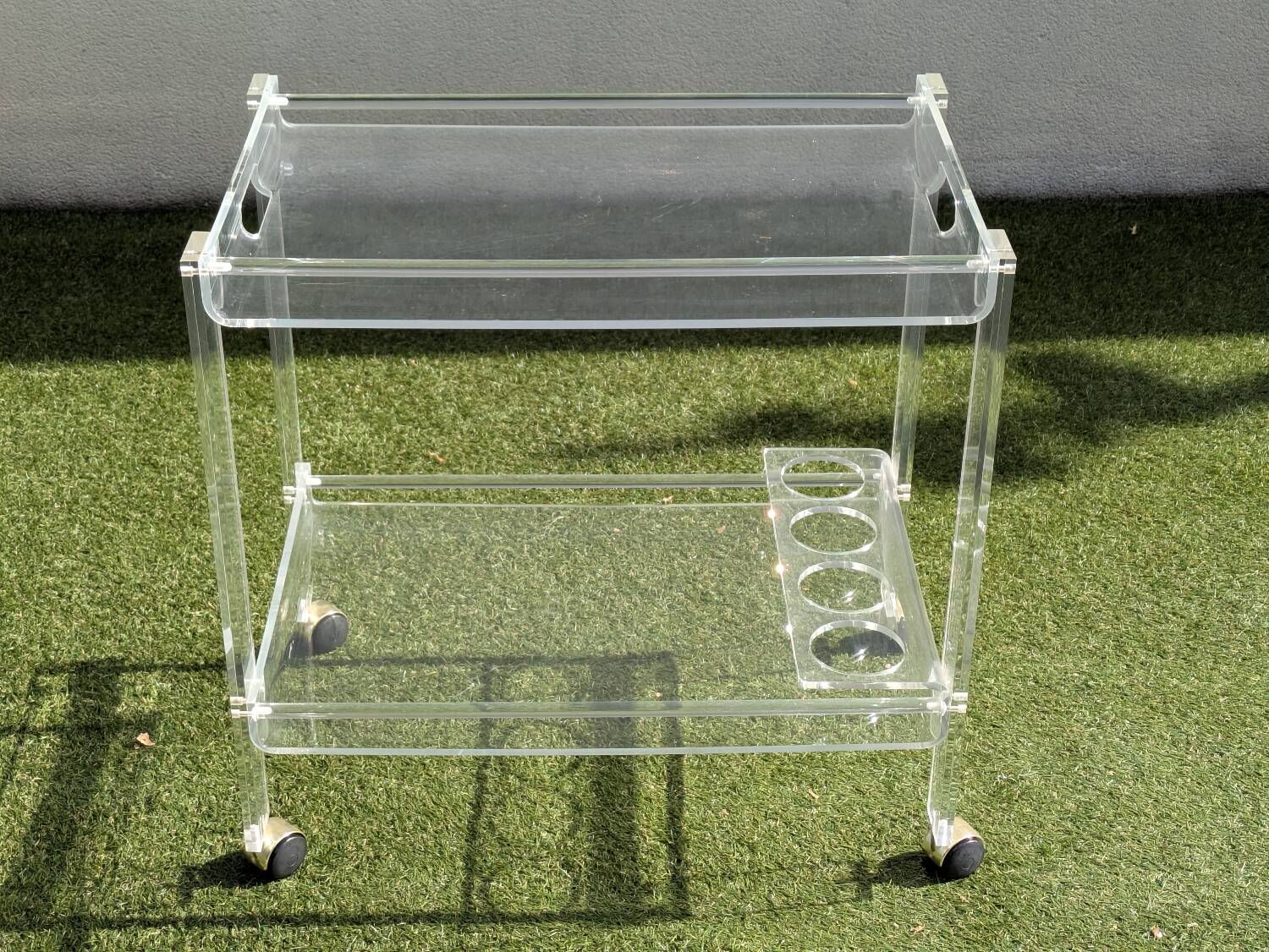Vintage 1970s plexiglass serving trolley – integrated bottle rack