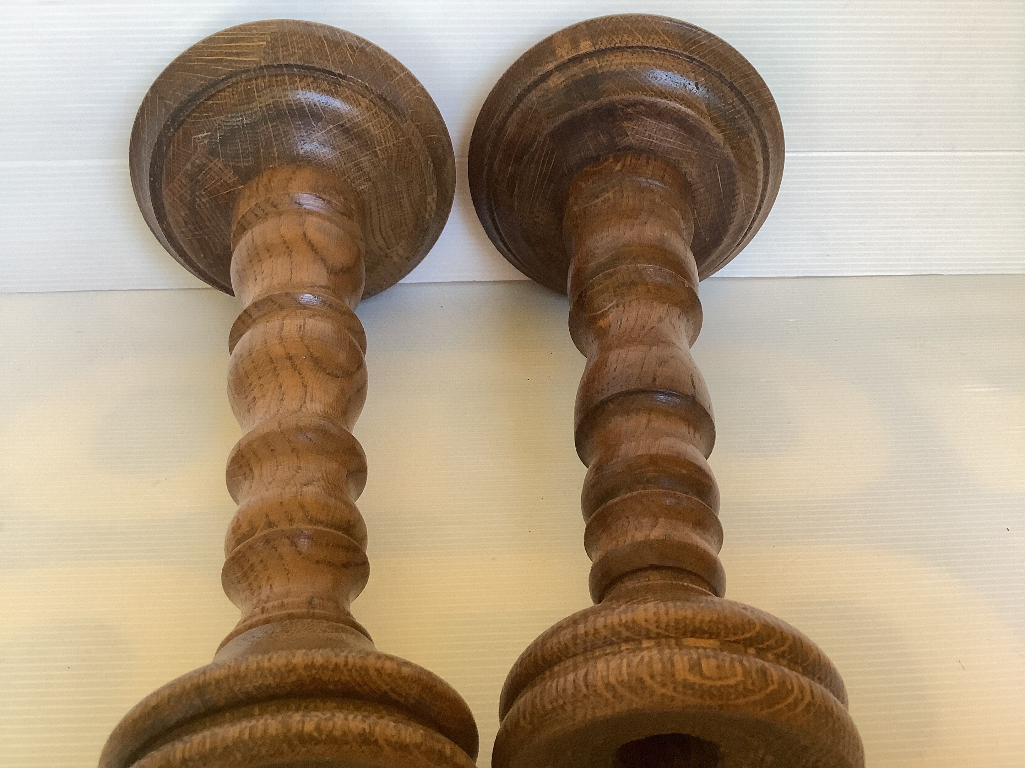 Pair old large wooden candle holders brutalist