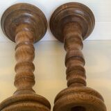 Paire anciens bougeoirs en bois brutaliste