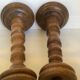 Pair old large wooden candle holders brutalist