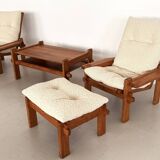 Salon de campagne italien en chêne avec nouveau revêtement en tissu bouclé, années 1970