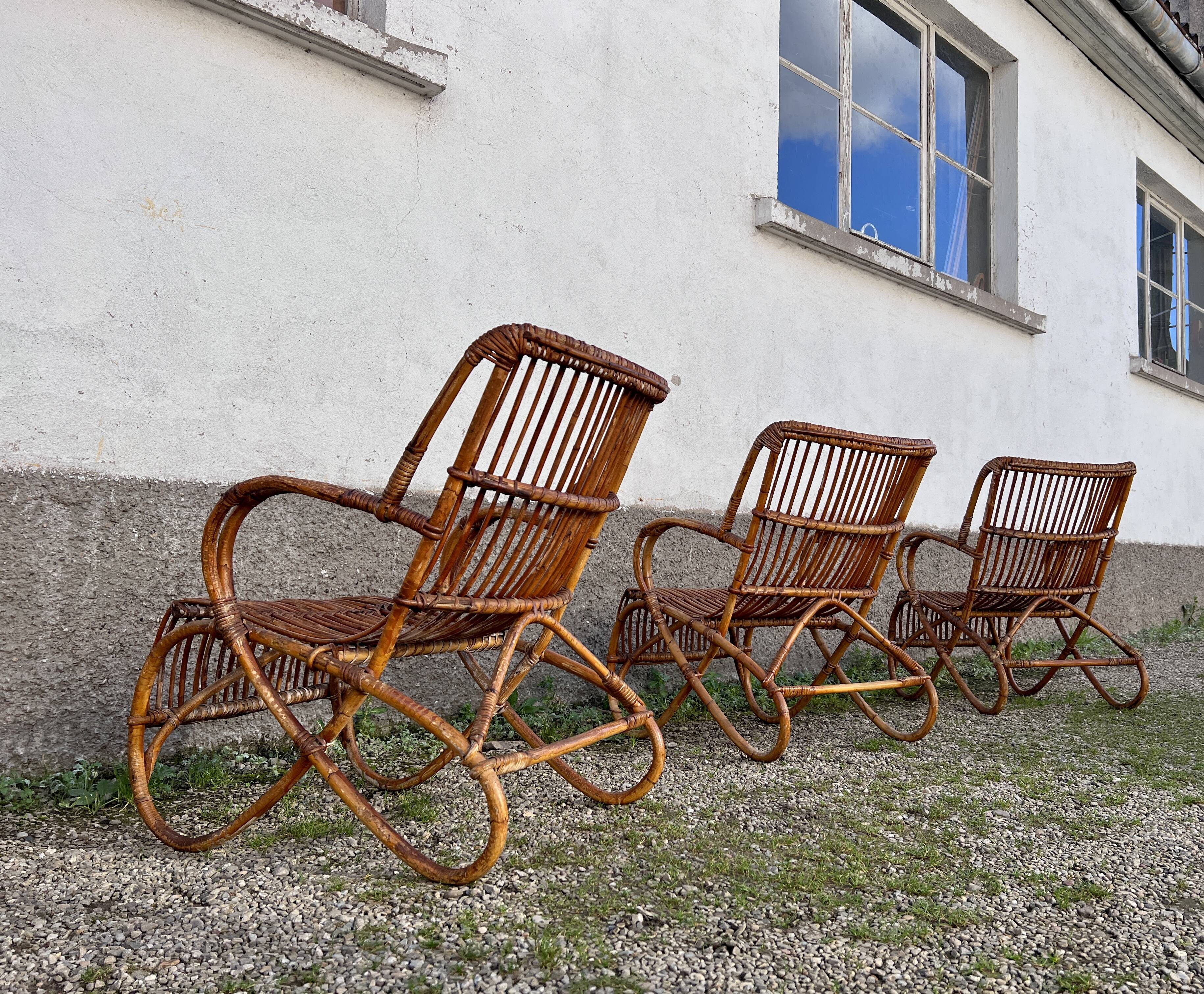 Trio de 3 fauteuils chaises rotin bambou vintage 1950