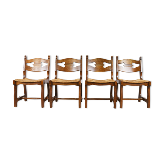 Vintage oak and wicker dining chairs, 1960s