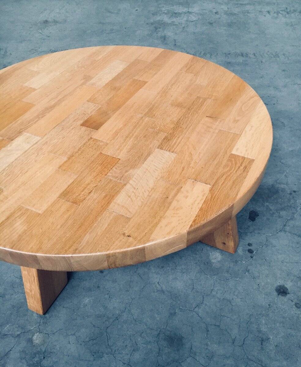 Brutalist Oak Round Coffee Table from Meubelfabriek Oisterwijk, Netherlands, 1960s
