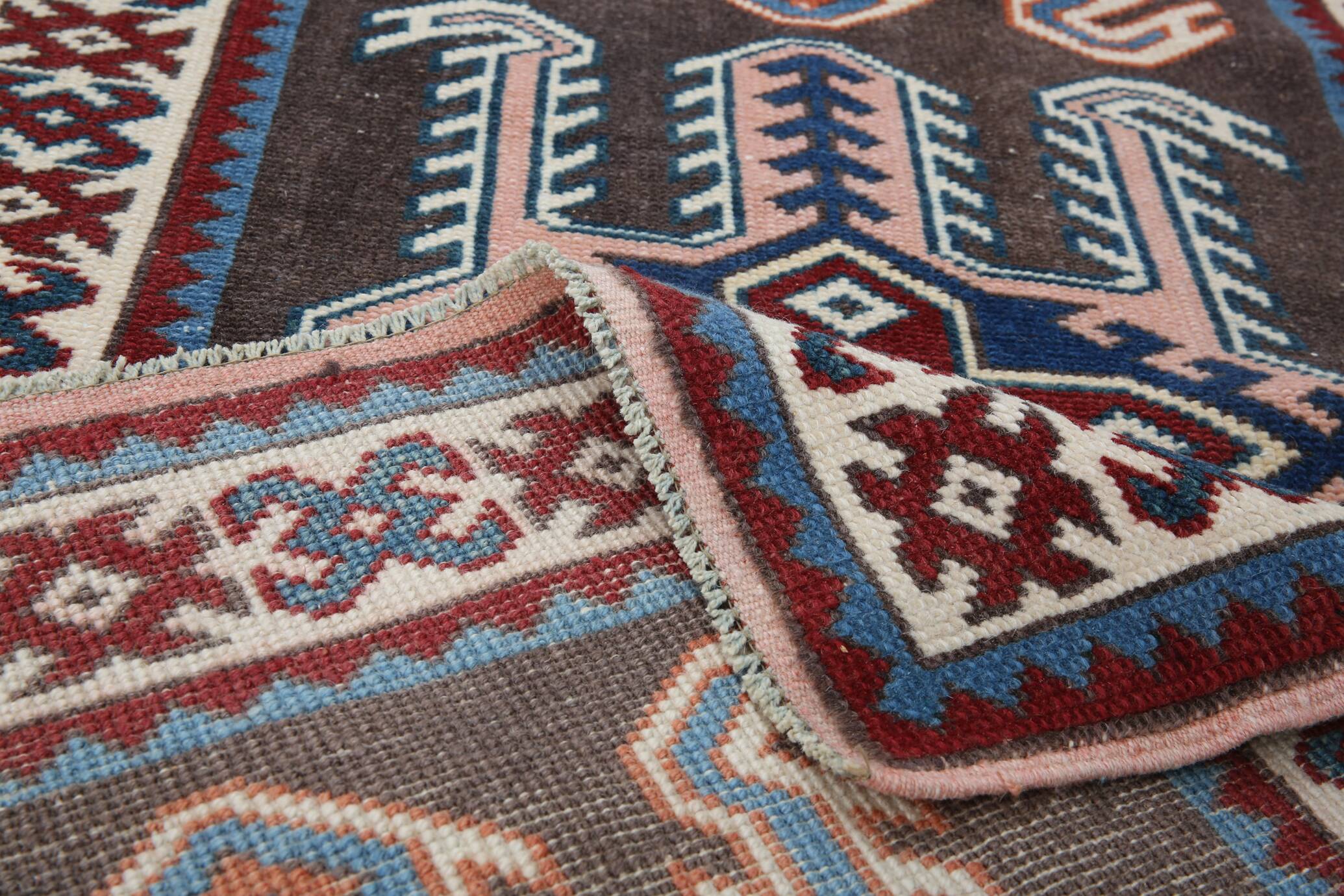 Pink & Blue Long Turkish Vintage Runner Rug, 80x398Cm
