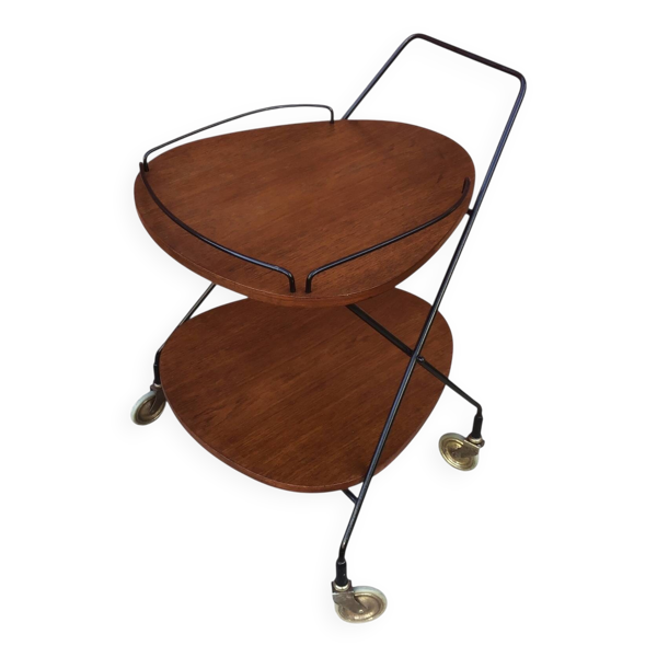 Desserte scandinave vintage en teck & métal, roulettes métal, années 60