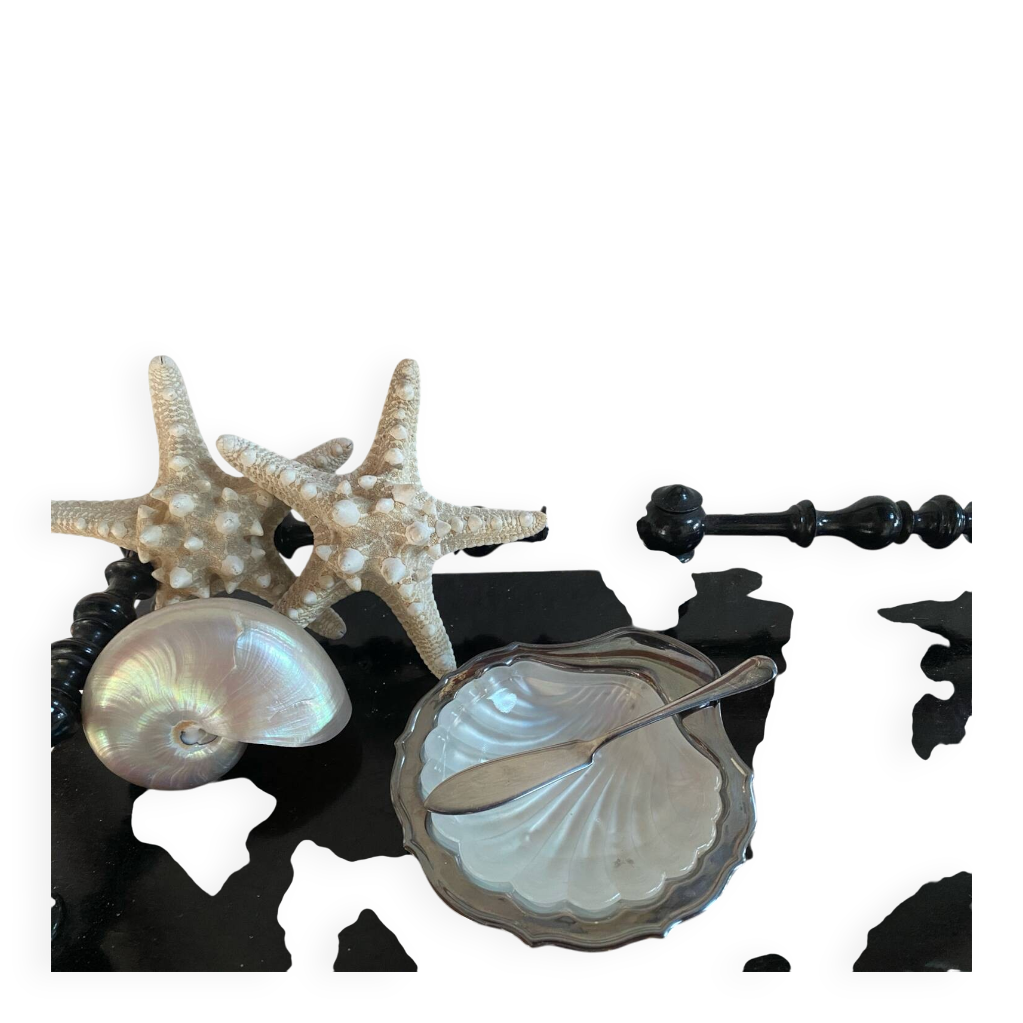 Shell butter dish and its silver-plated knife