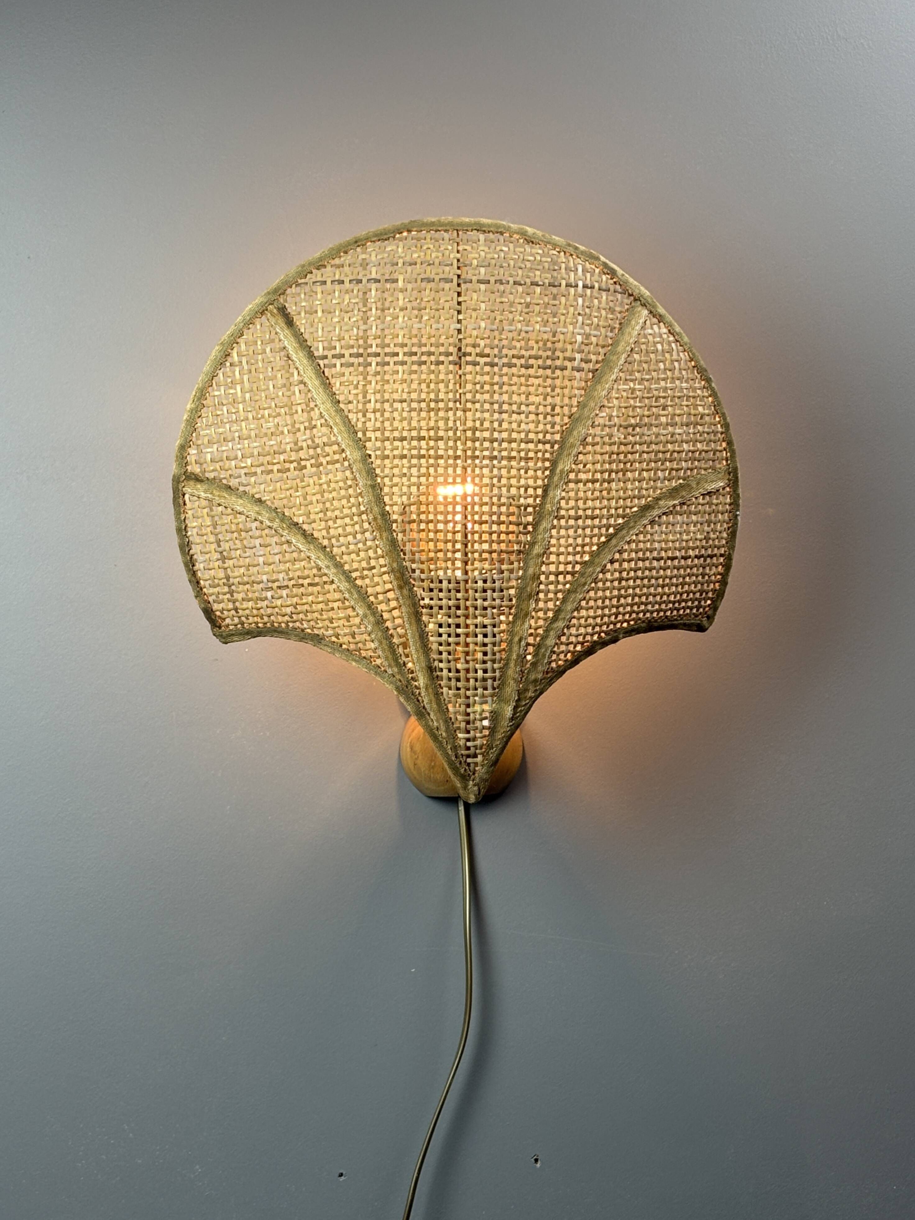 Pair midcentury Italian rattan wicker pine brass scallop wall sconces 1970s