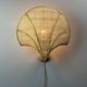 Pair midcentury Italian rattan wicker pine brass scallop wall sconces 1970s