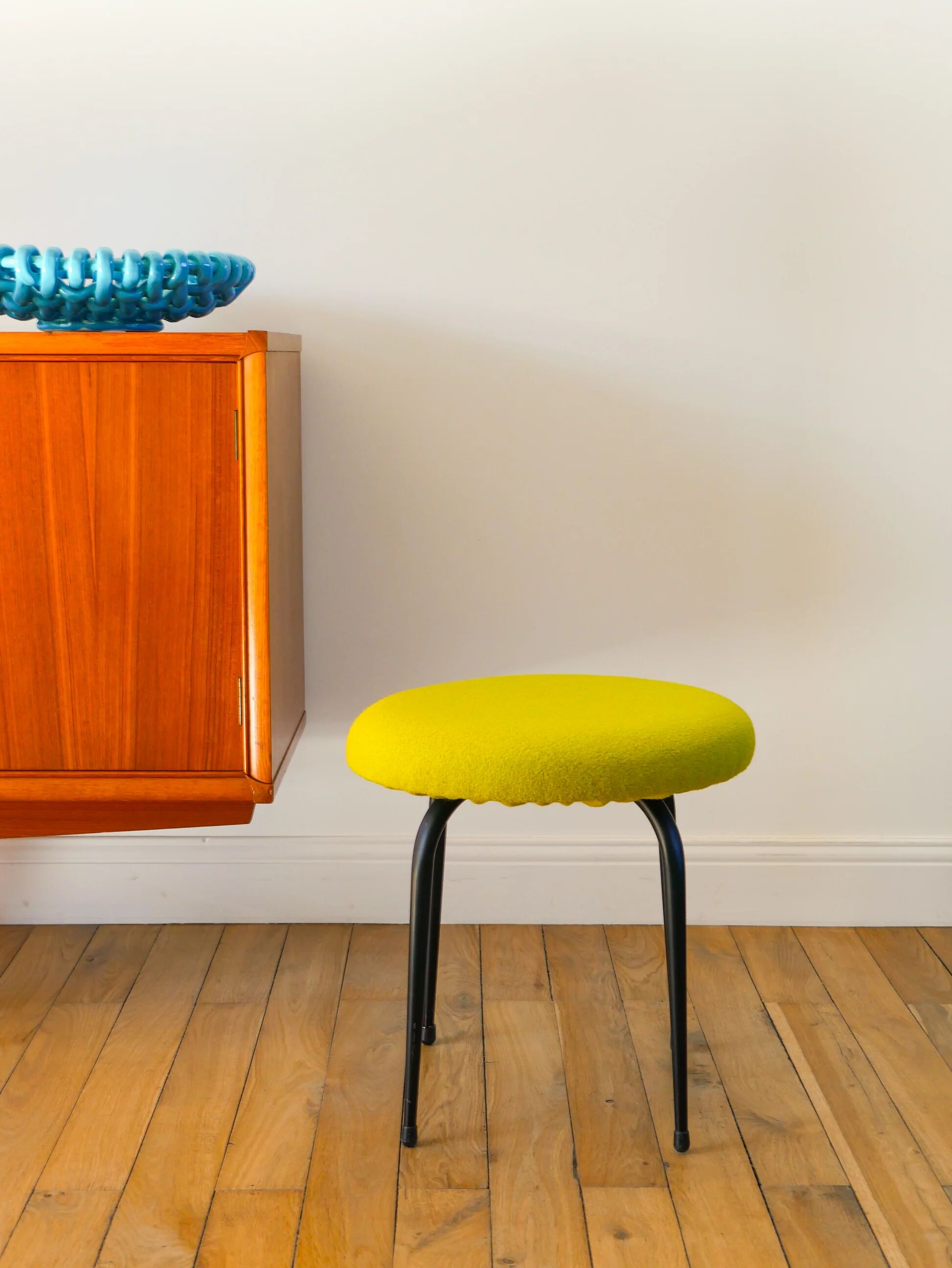 Black iron stool and boiled wool, green, 1960