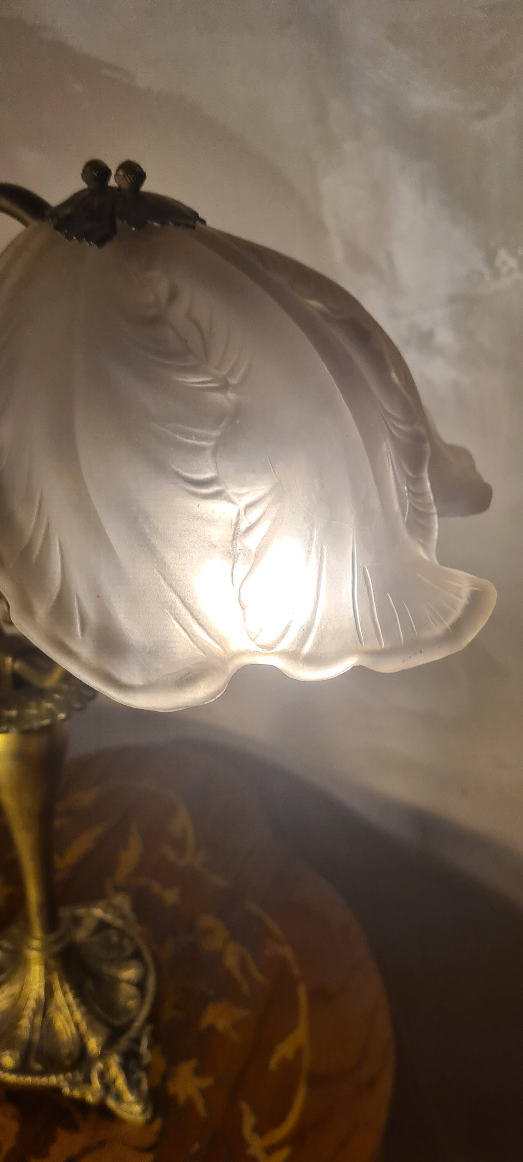 antique art nouveau bronze lamp with molded glass petals 43x25 cm