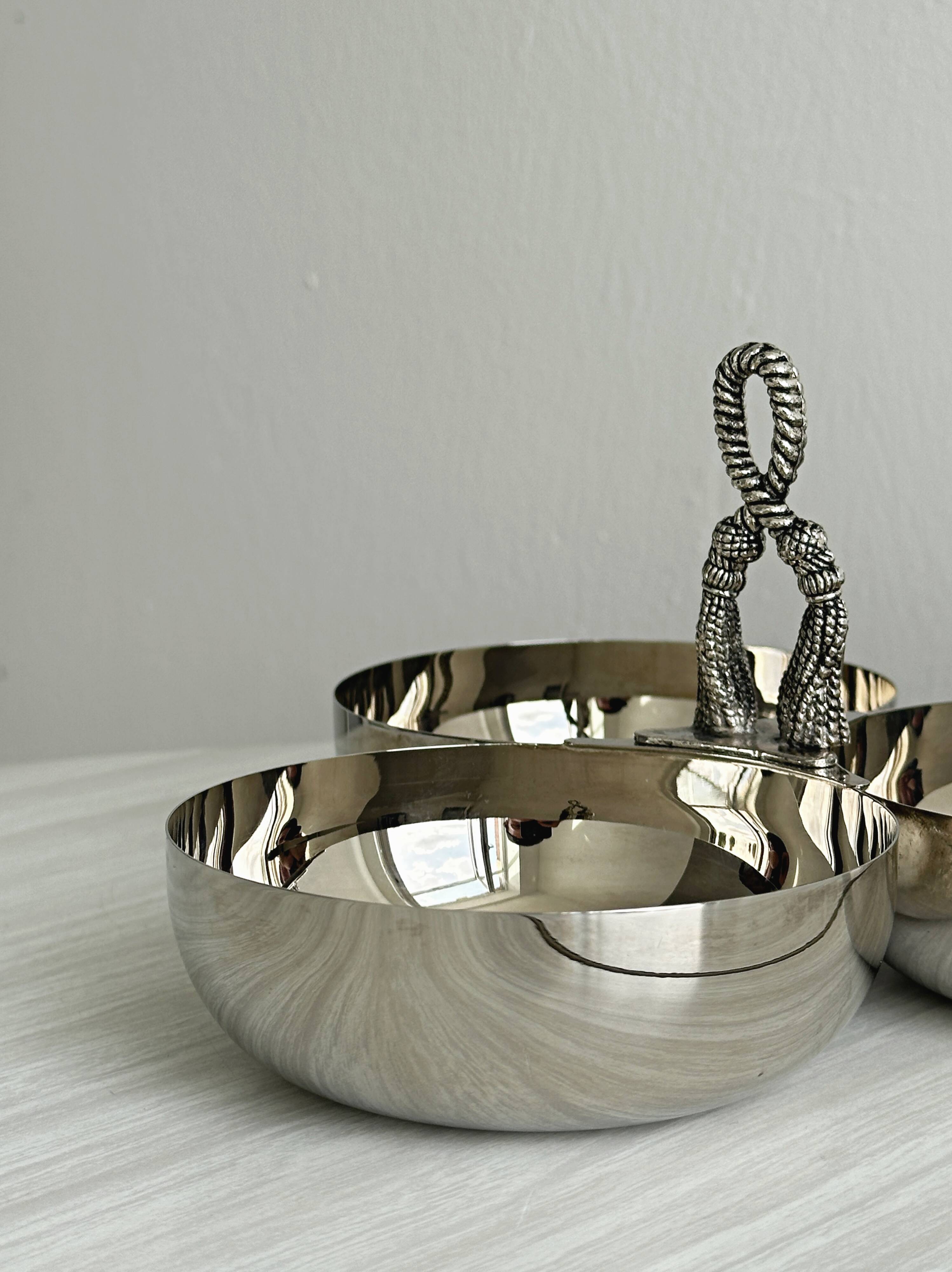 Silver stainless steel three-part serving platter