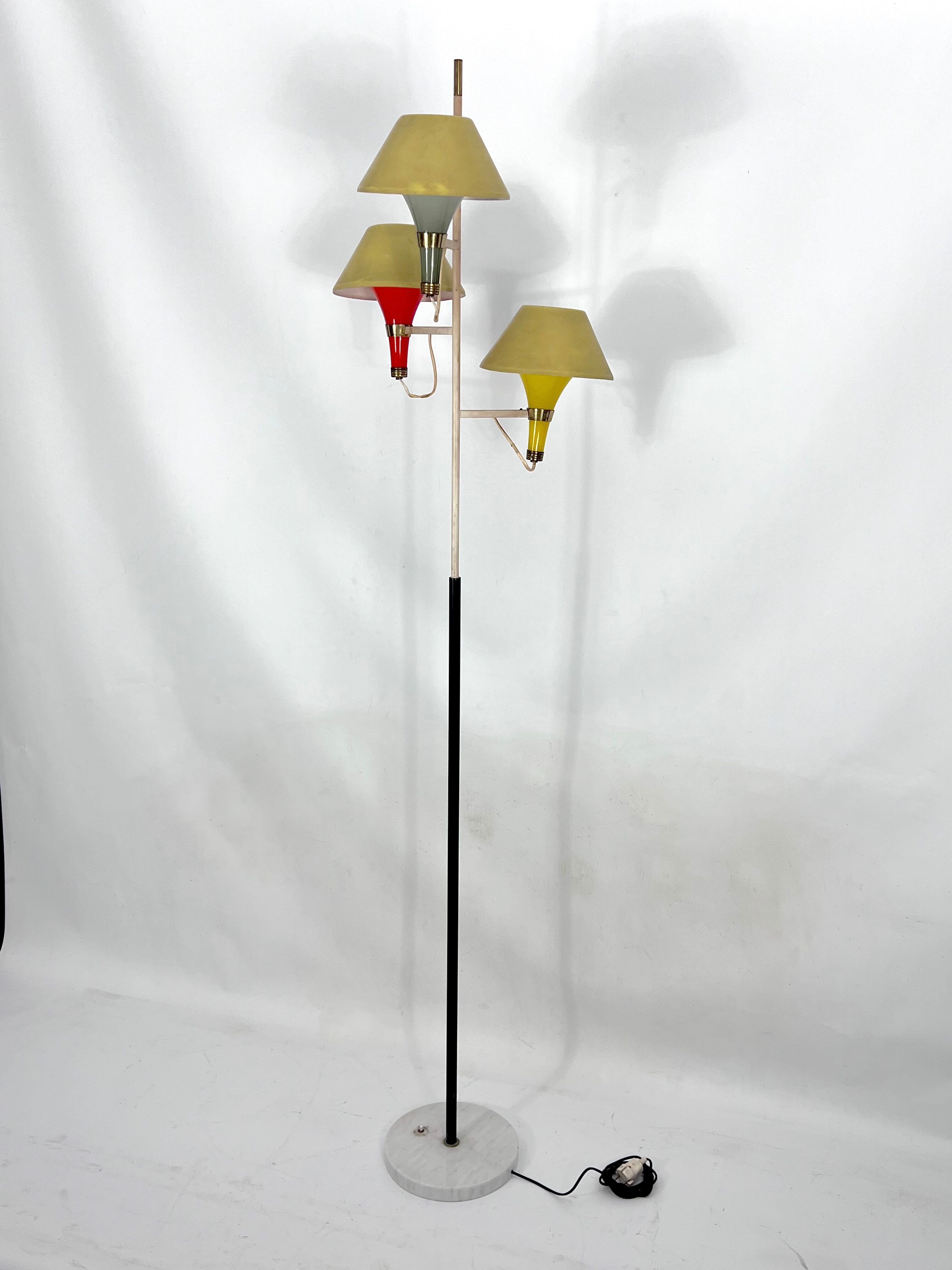 Mid-century Modern three arms floor lamp by Stilux Milano. Italy 1950s