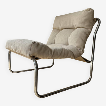 Vintage armchair Gillis Lundgren, beige and chrome canvas, Sweden 1970