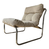 Fauteuil vintage Gillis Lundgren, toile beige et chrome, Suède 1970