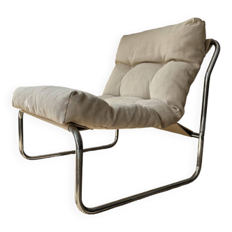 Vintage armchair Gillis Lundgren, beige and chrome canvas, Sweden 1970
