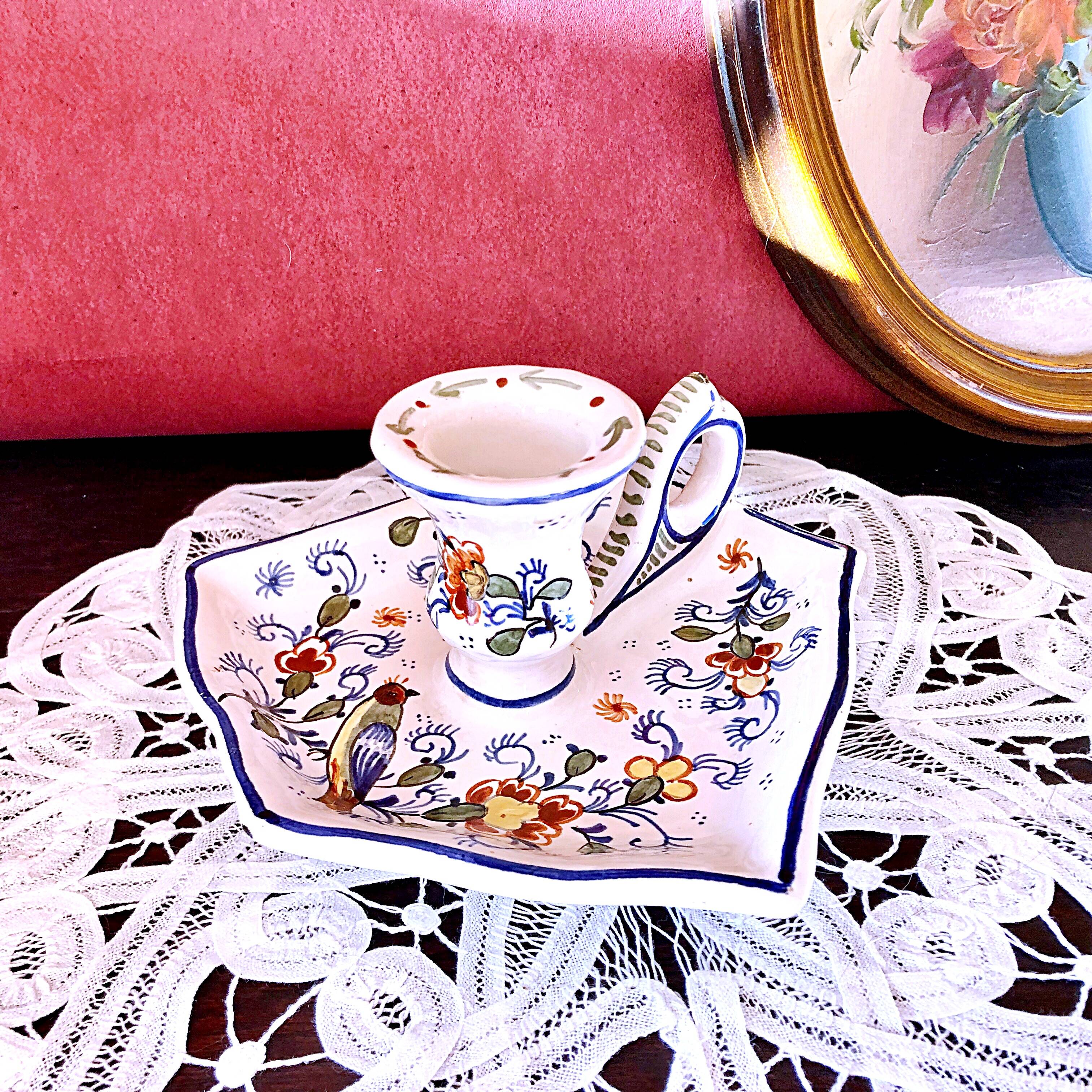 Handcrafted enameled ceramic candle holder signed vintage Rouen style decor