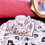 Handcrafted enameled ceramic candle holder signed vintage Rouen style decor