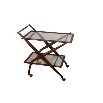 Vintage wooden and glass rolling trolley, 1960