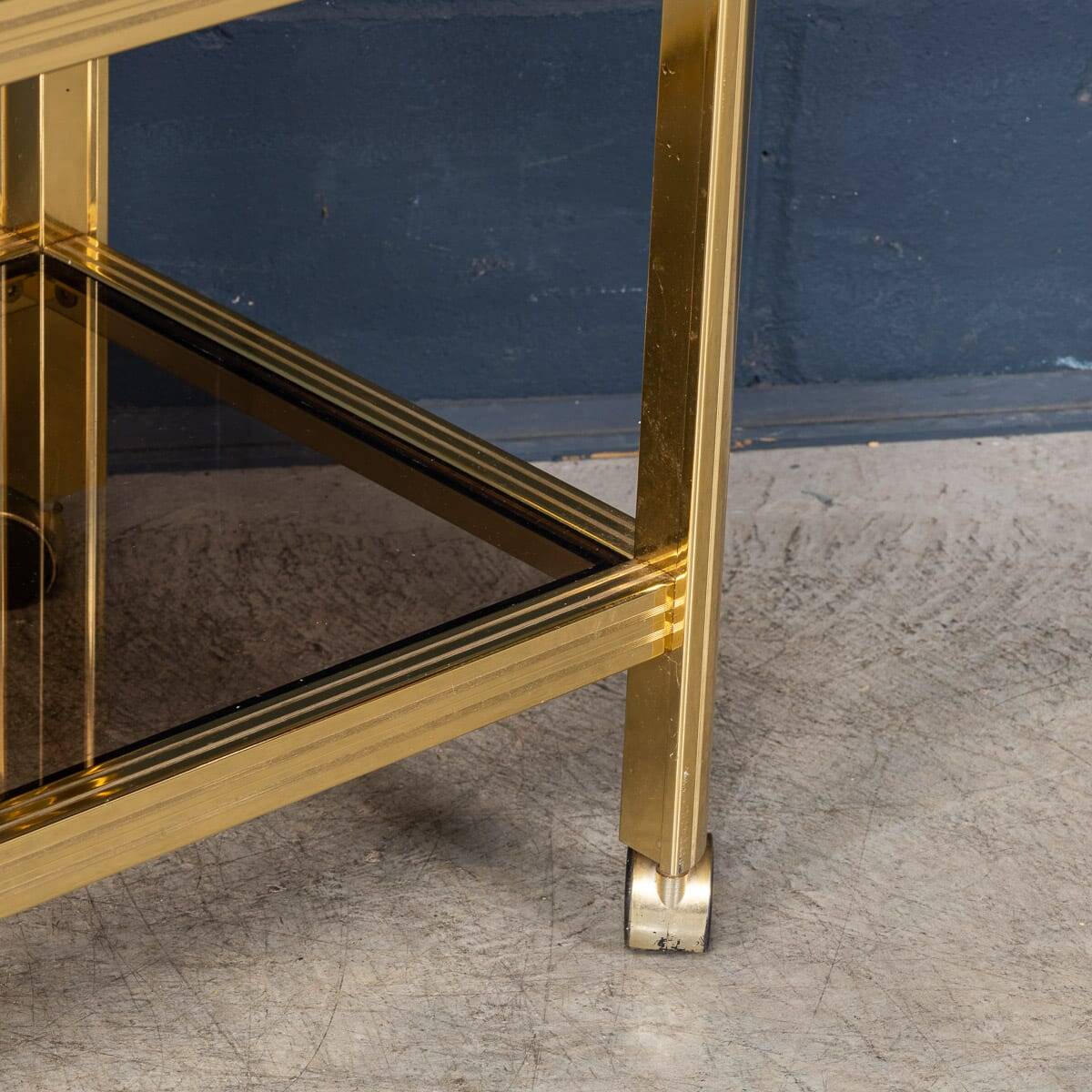20thC BRASS & SMOKED GLASS DRINKS TROLLEY ATTRIBUTED TO MAISON JANSEN c1970