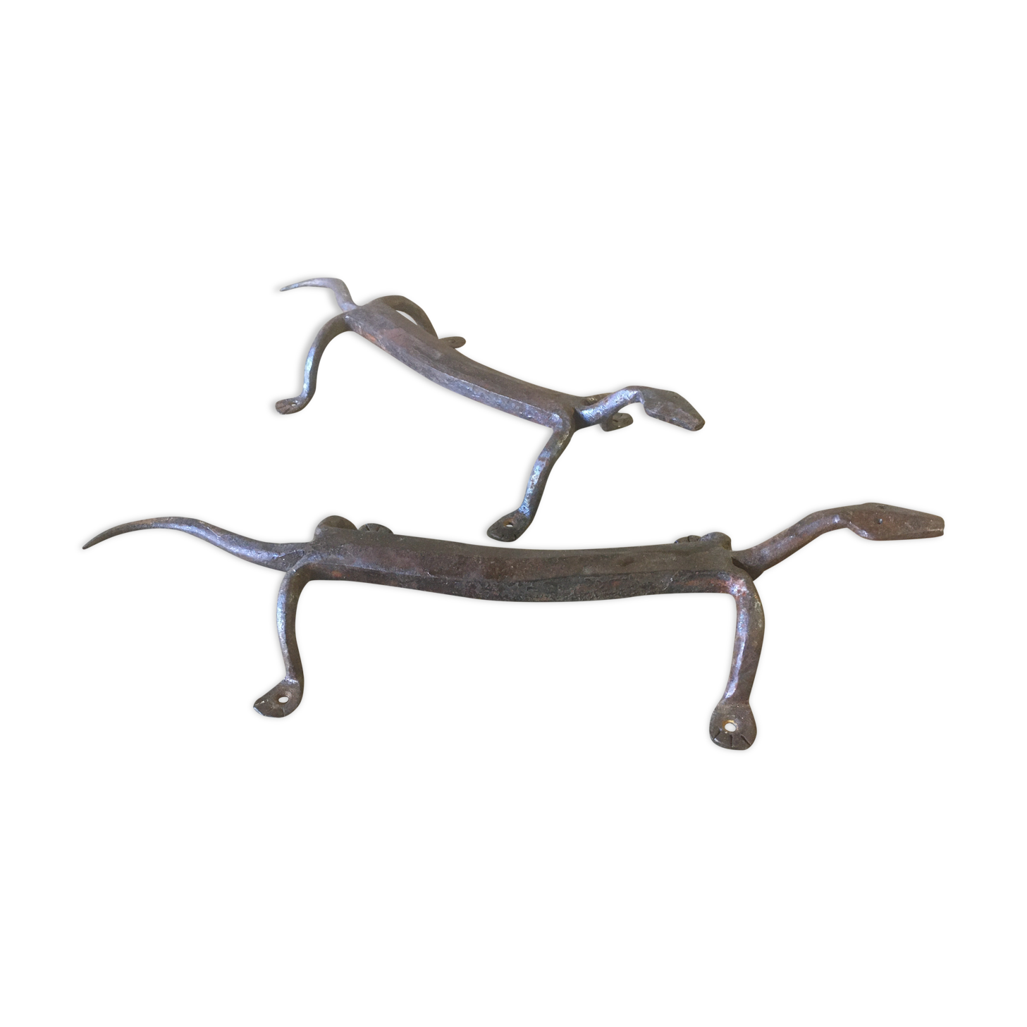 Door handles "Lizards" in handcrafted recycled wrought iron
