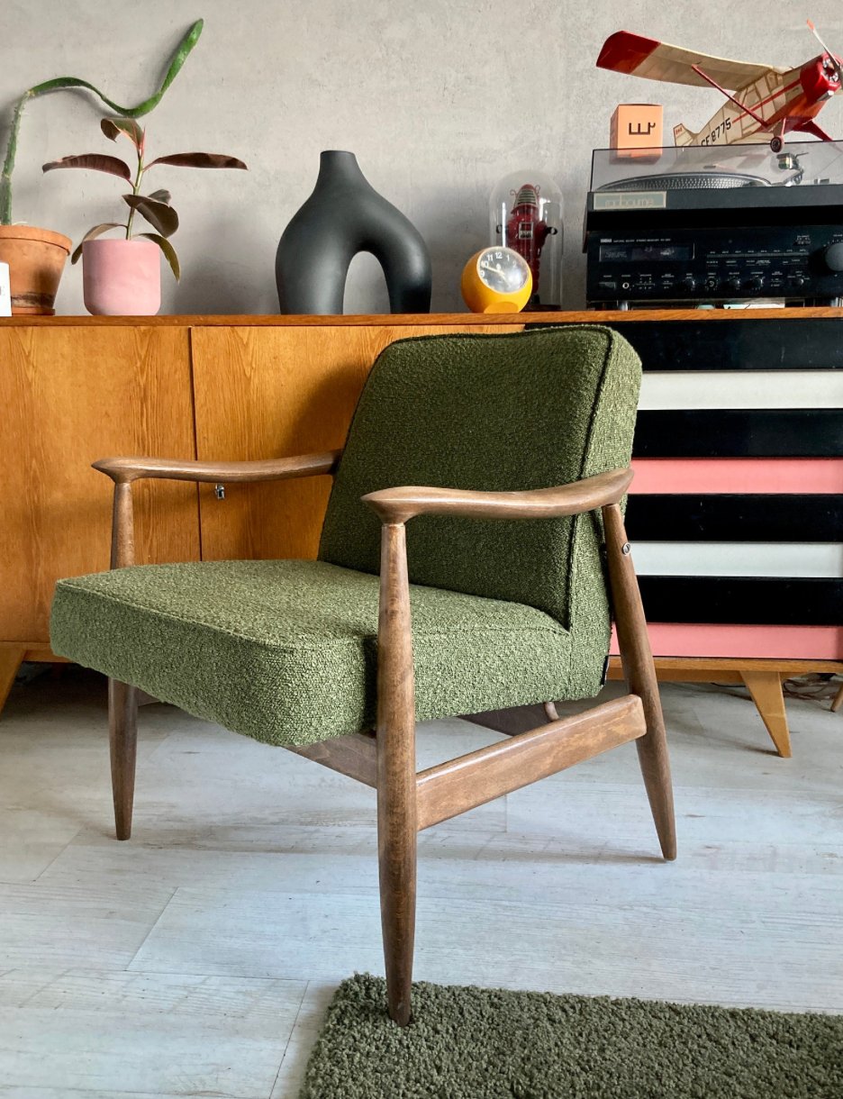 Original vintage polish chair GFM-87 designed by Juliusz Kędziorek in curled fabric