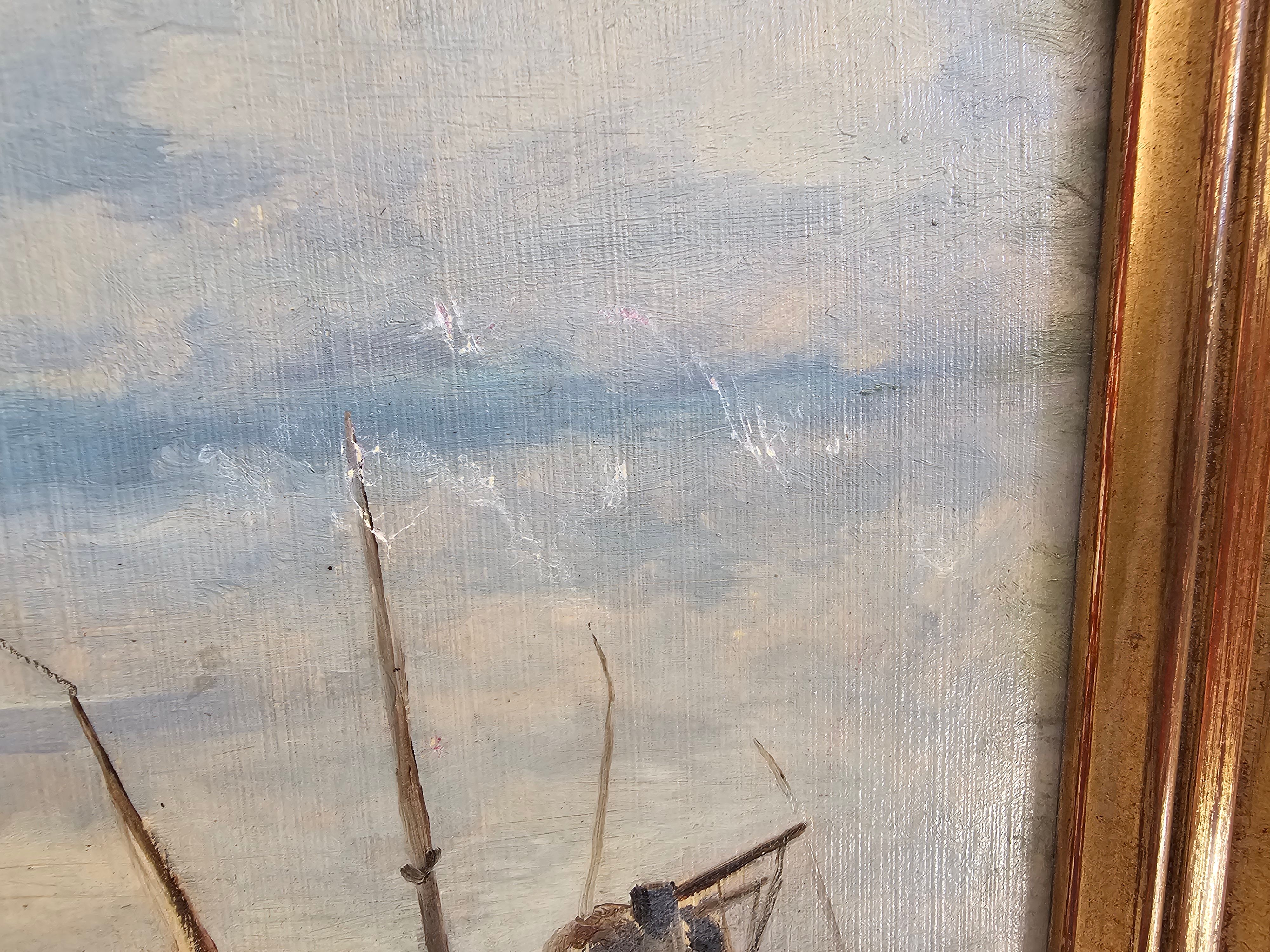 Oil on Panel - Marine Boats on Beach signed (to be identified)