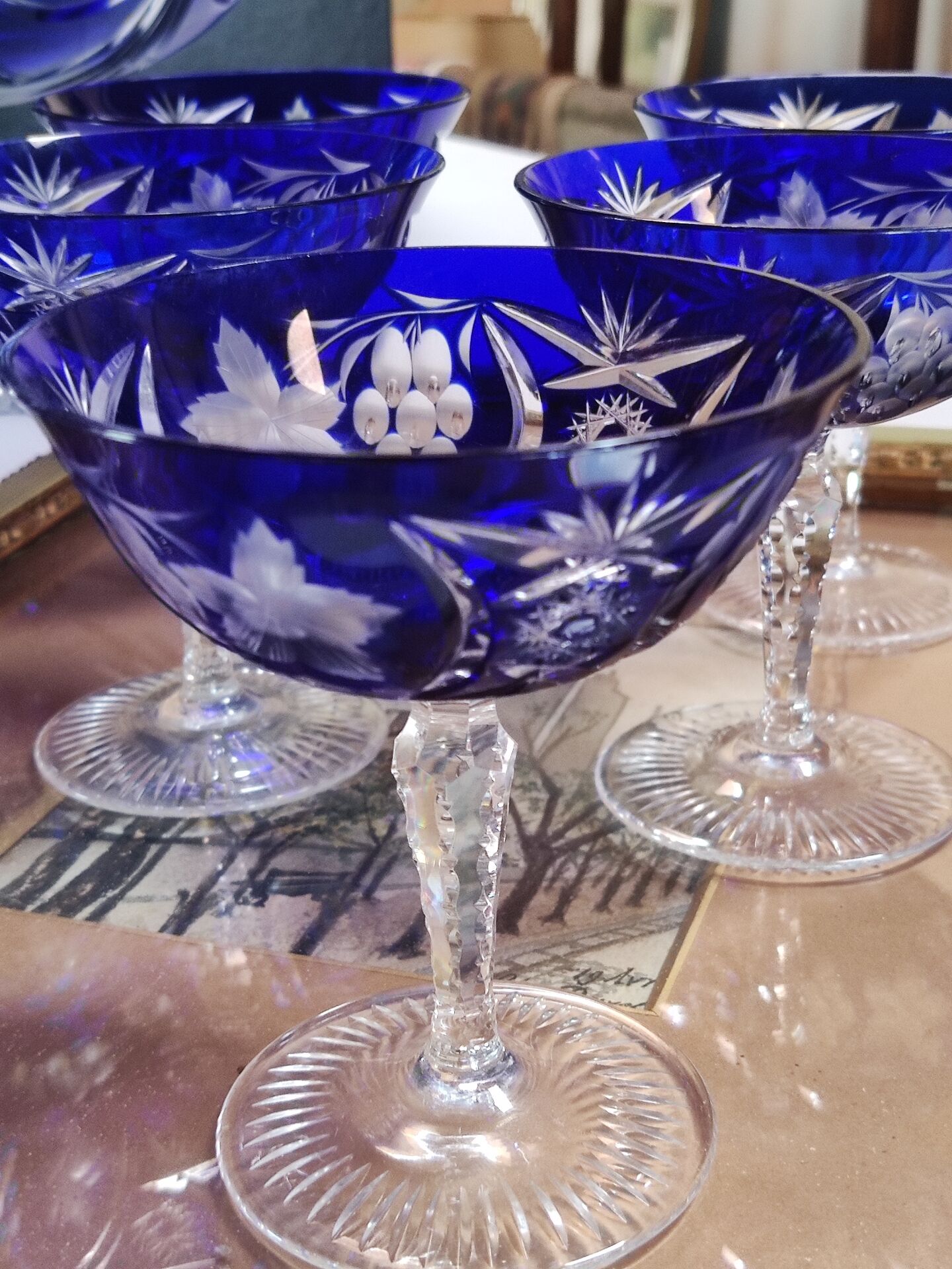 6 cut crystal cobalt blue champagne glasses