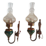 Pair of vintage wall lights in gold metal, green ceramic and glass globe