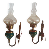 Paire d'appliques lumnaire vintage en metal doré, ceramique verte et globe en verre