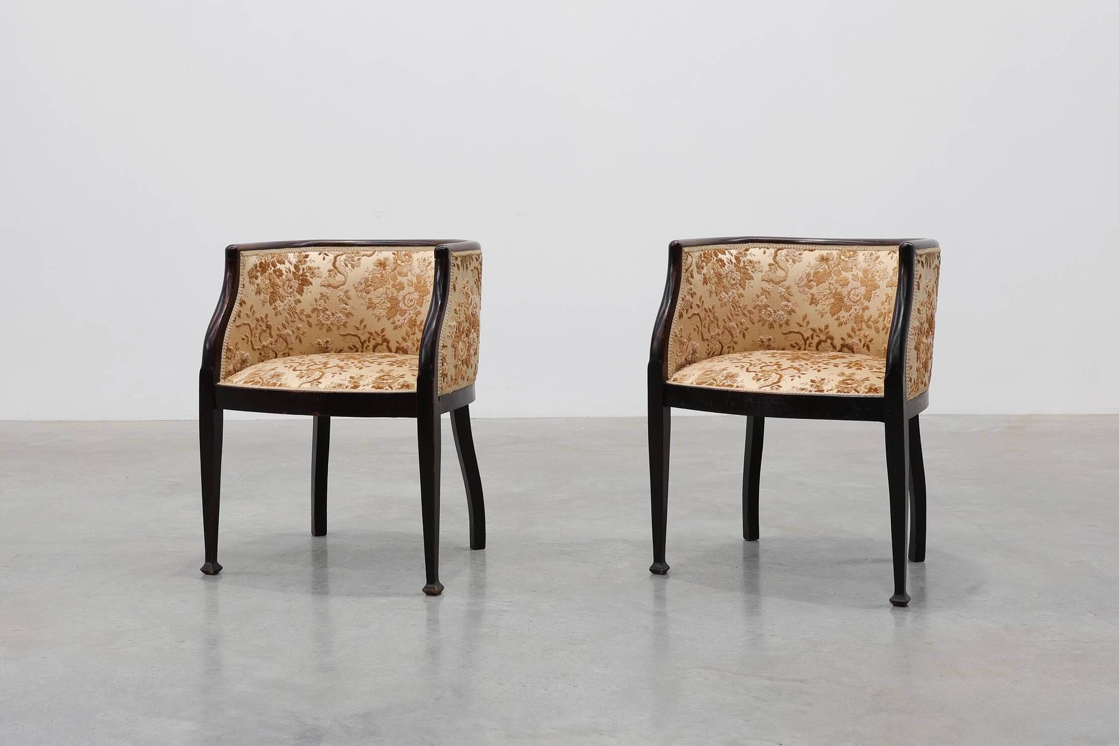 Pair of Ebonised Tub Armchairs with Floral Upholstery, France, Circa 1900