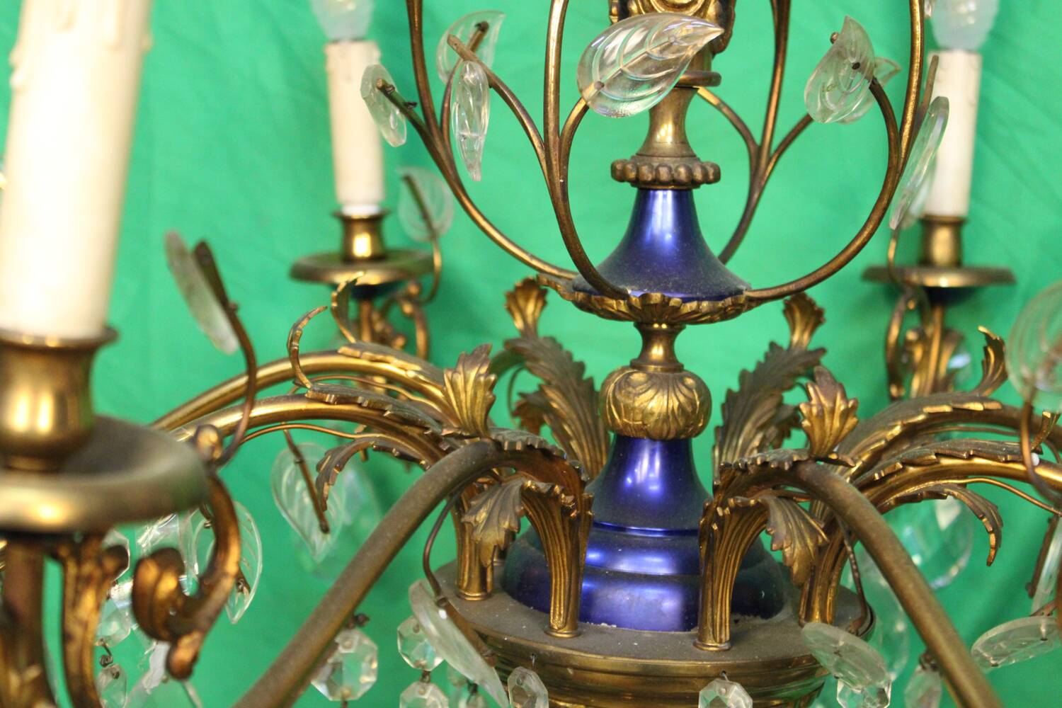 19th-century French gilt bronze chandelier featuring brass flowers and