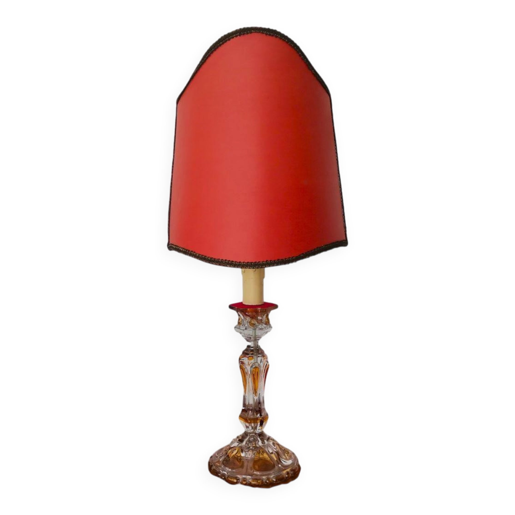 Lampe de table en cristal Art Nouveau français avec abat-jour en soie rouge, années 1940.