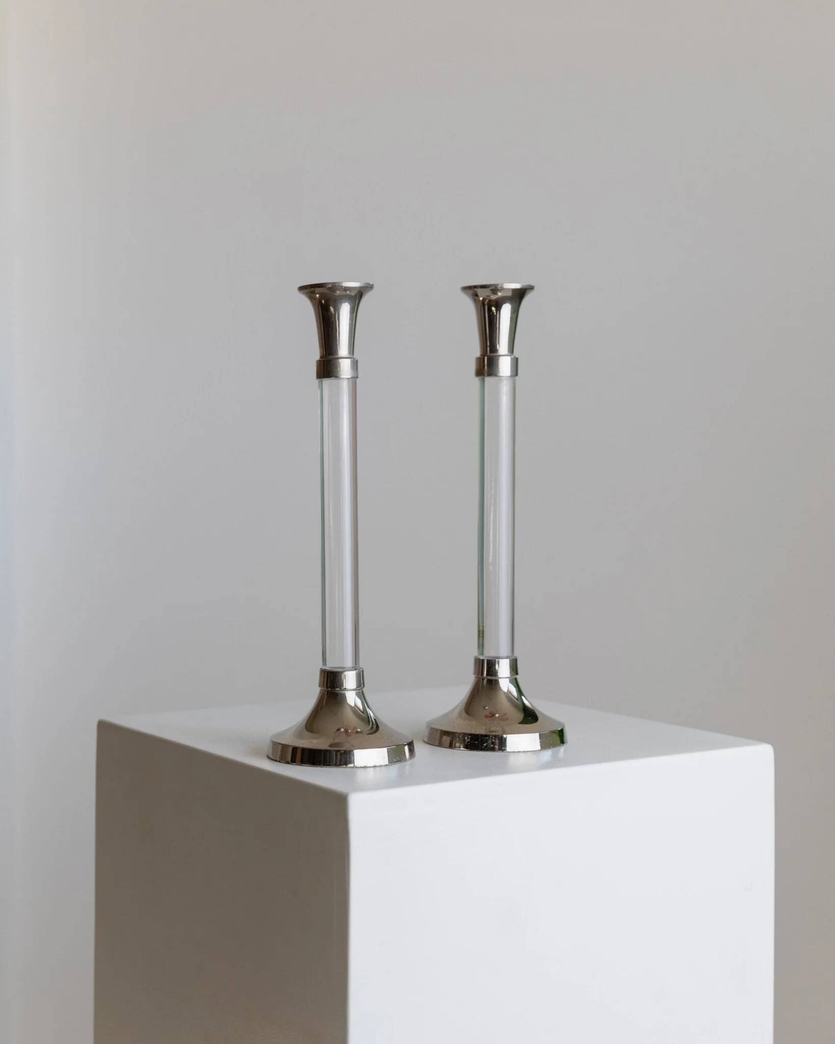 Two Vintage Candlesticks: Transparent Plexiglas & Chrome-Plated Metal, Italy 1970s Mid-Century Design