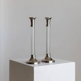 Two Vintage Candlesticks: Transparent Plexiglas & Chrome-Plated Metal, Italy 1970s Mid-Century Design