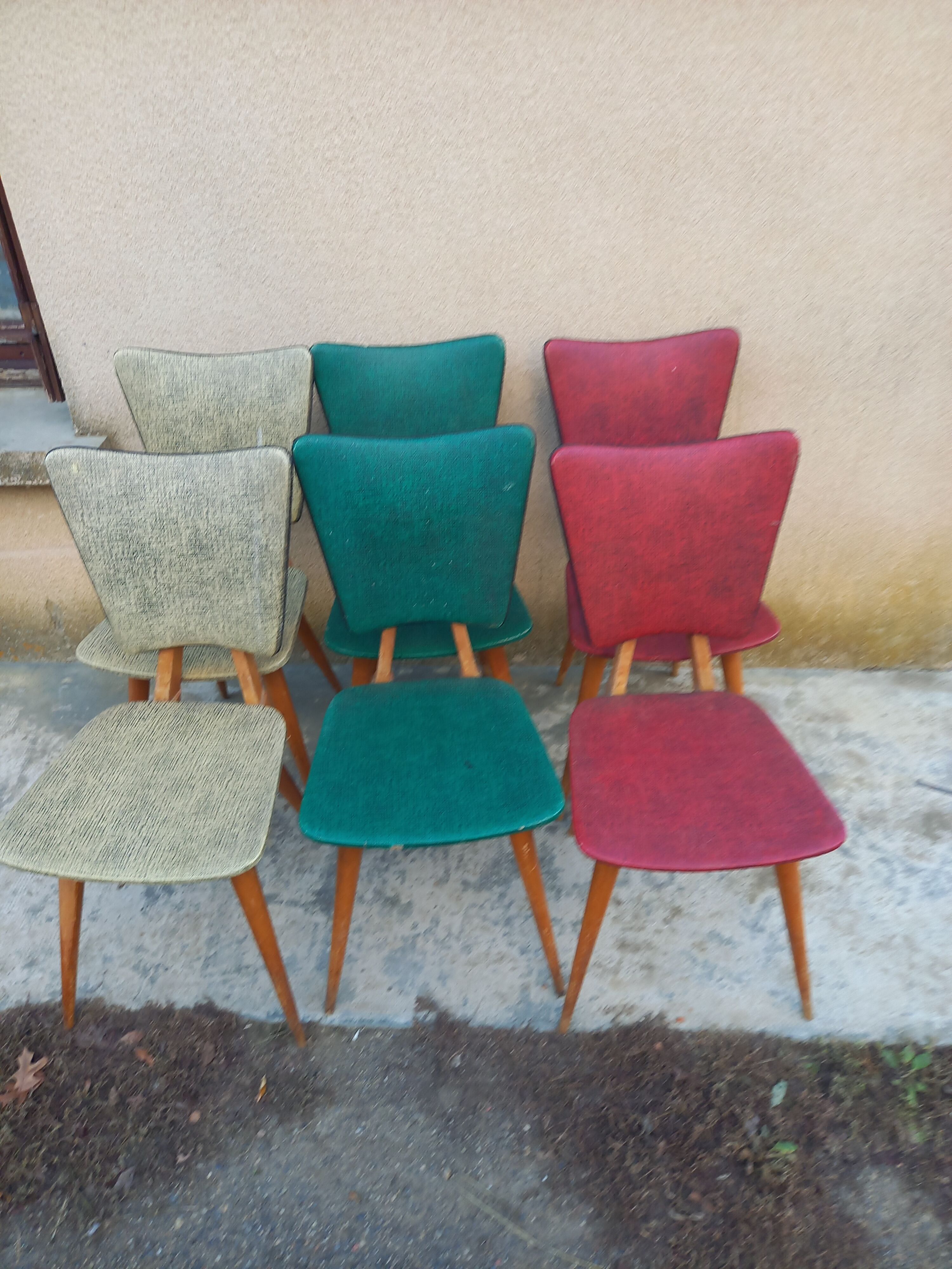 6 vintage 1950 Skaï chairs and wood