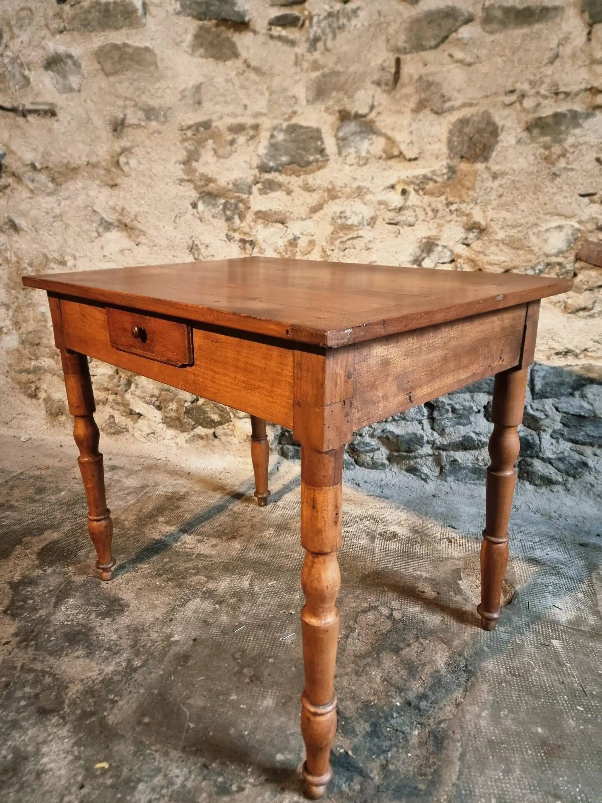 French vintage side table in cherry wood with a drawer.