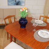 Vintage square teak table rounded corners brass-covered legs 1950 DK