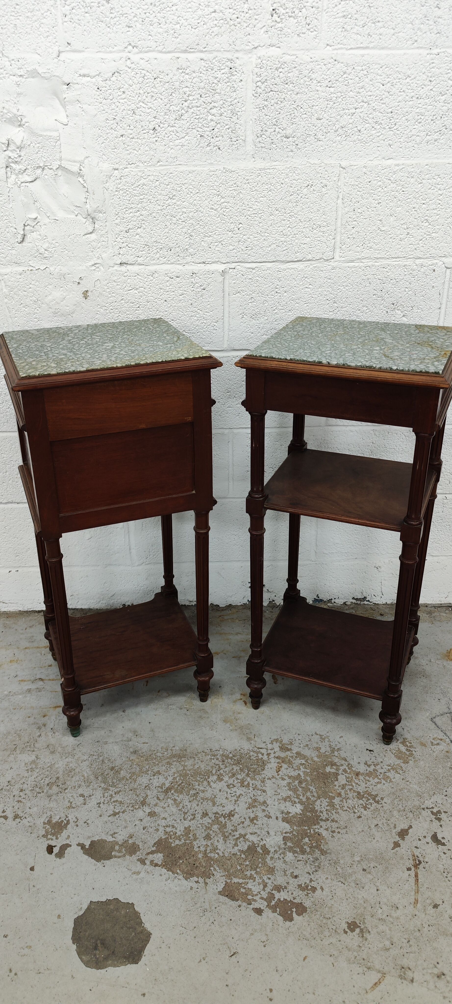 Pair of bedside old marquetry top green marble and bronze decorations