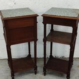 Pair of bedside old marquetry top green marble and bronze decorations