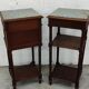 Pair of bedside old marquetry top green marble and bronze decorations