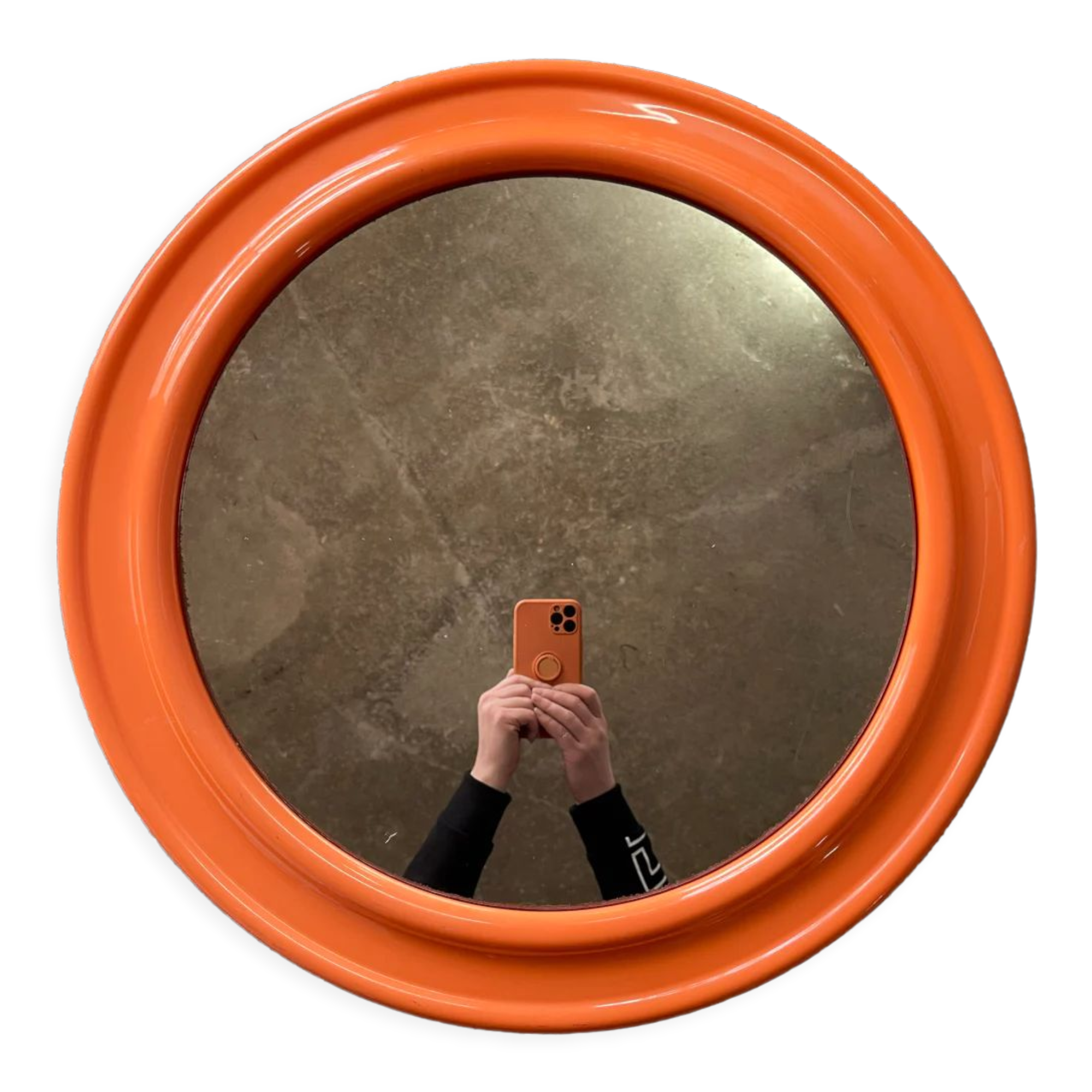Mirror with round frame in orange molded plastic by carrara & matta, 1974