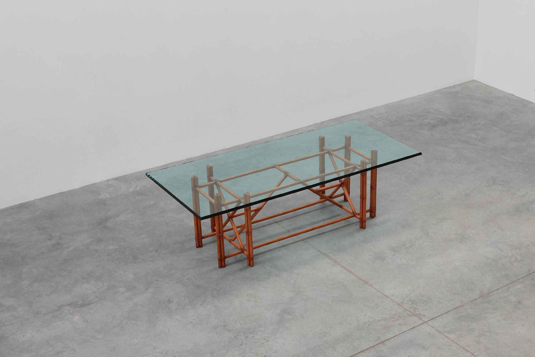 Large monumental bamboo dining table with glass top by Gasparucci, Italy