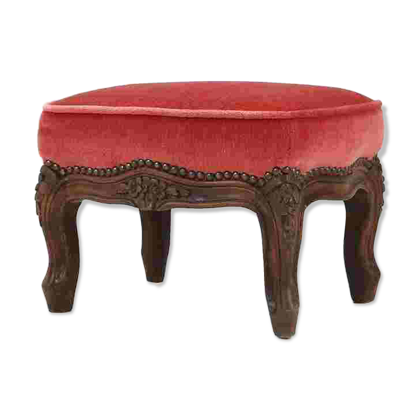 Baroque style foot stool in carved wood with coral velvet upholstery