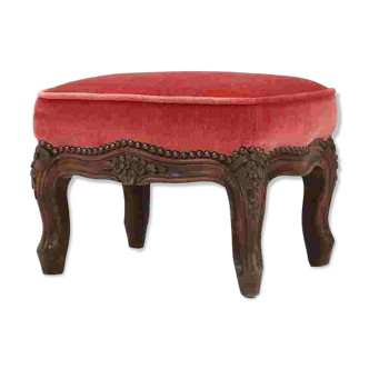 Repose-pieds de style Baroque en bois sculpté et velours corail